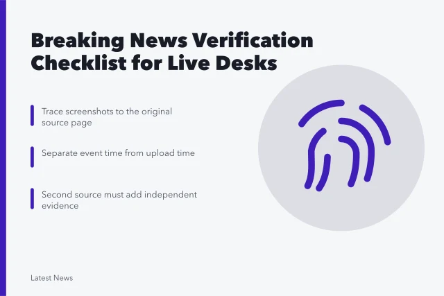 Checklist card for verifying breaking news sources, media, time, and corroboration. Breaking news verification checklist for a live desk