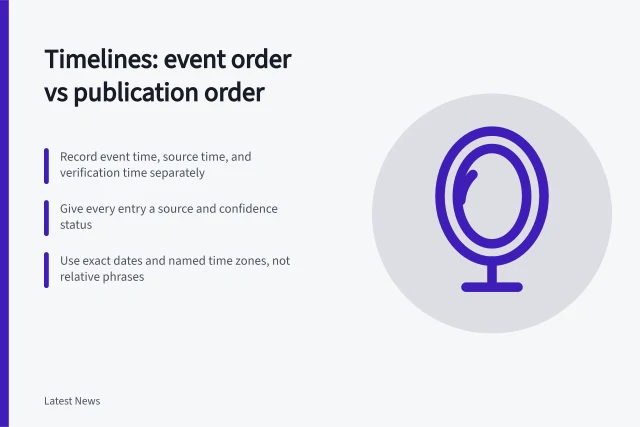 Card outlining steps for building a controlled news timeline record. News timelines: separating event order from publication order