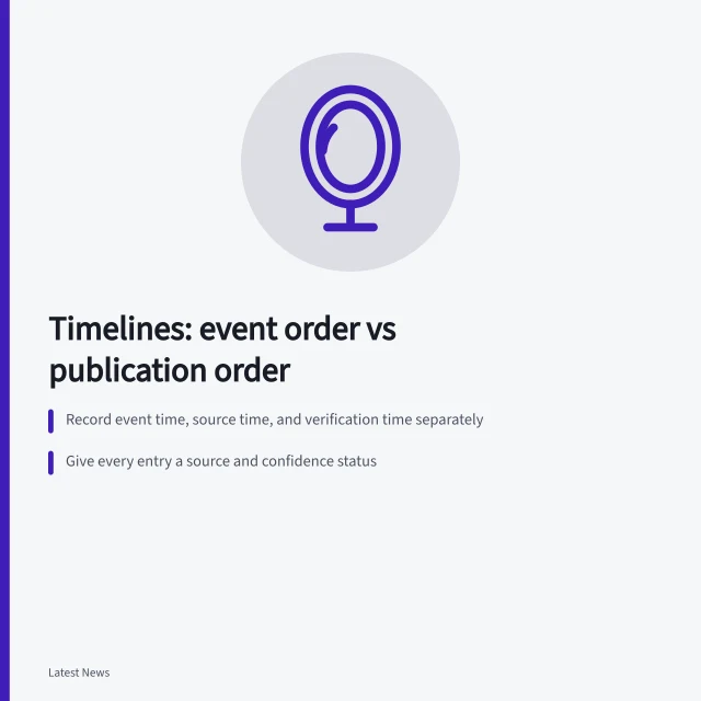Card outlining steps for building a controlled news timeline record. News timelines: separating event order from publication order