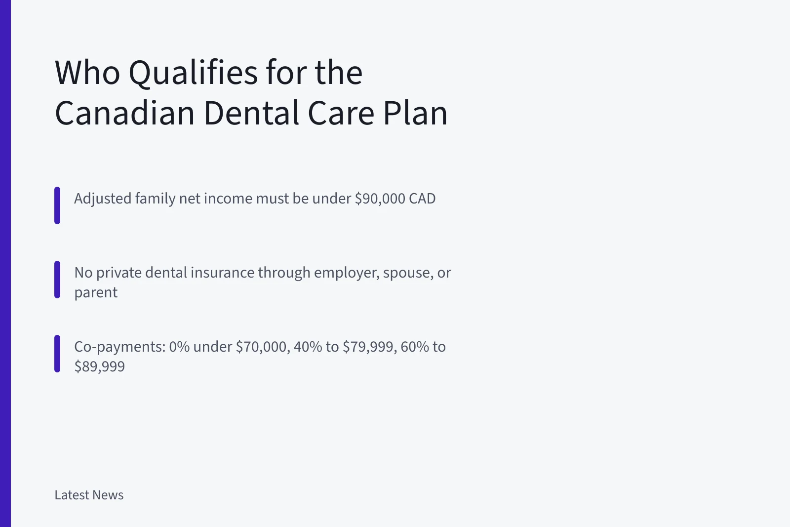Card explaining Canadian Dental Care Plan income and insurance eligibility rules. Who Qualifies for the Canadian Dental Care Plan? Provincial Eligibility Explained