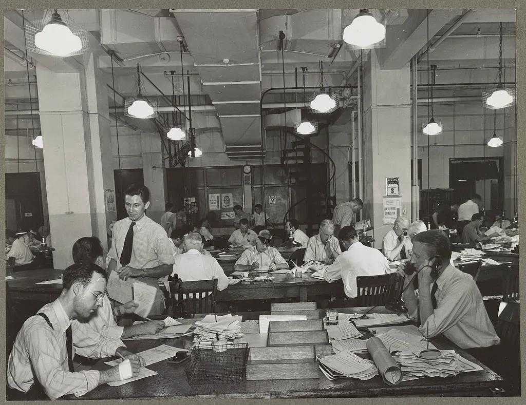 News room of the New York Times newspaper Right foreground, city editor. Two assistants, left foreground. City copy desk in middle ground, with foreign desk, to right; telegraph desk to left. Make-up desk in center back with spiral staircase leading to composing room. Copy readers go up there to che. Daily news explainers: a reporting guide