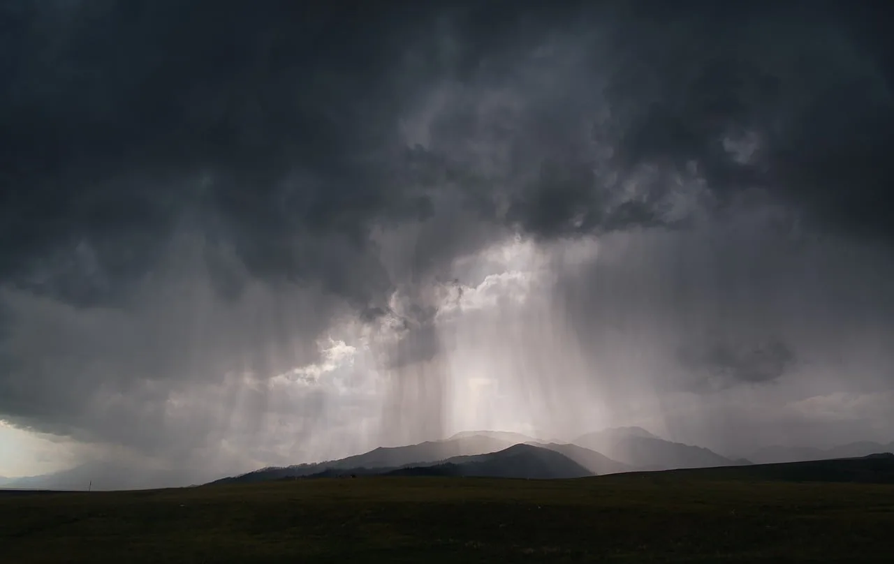 thunderstorm, rain, double rainbow, clouds, dark sky, nature, atmosphere, mountains, light, raindrops, stormy weather, outdoors, dramatic, rainy, pasture, natural beauty, panorama, atmospheric, wilderness. Daily news explainers: How storm alerts reach you