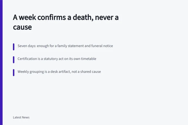 Card explaining weekly death notices confirm deaths but not causes. What causes are named in this week's death notices