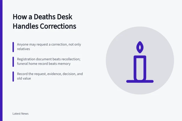 Card explaining how a deaths desk weighs and records correction requests. Every correction issued against this week's reports, and why