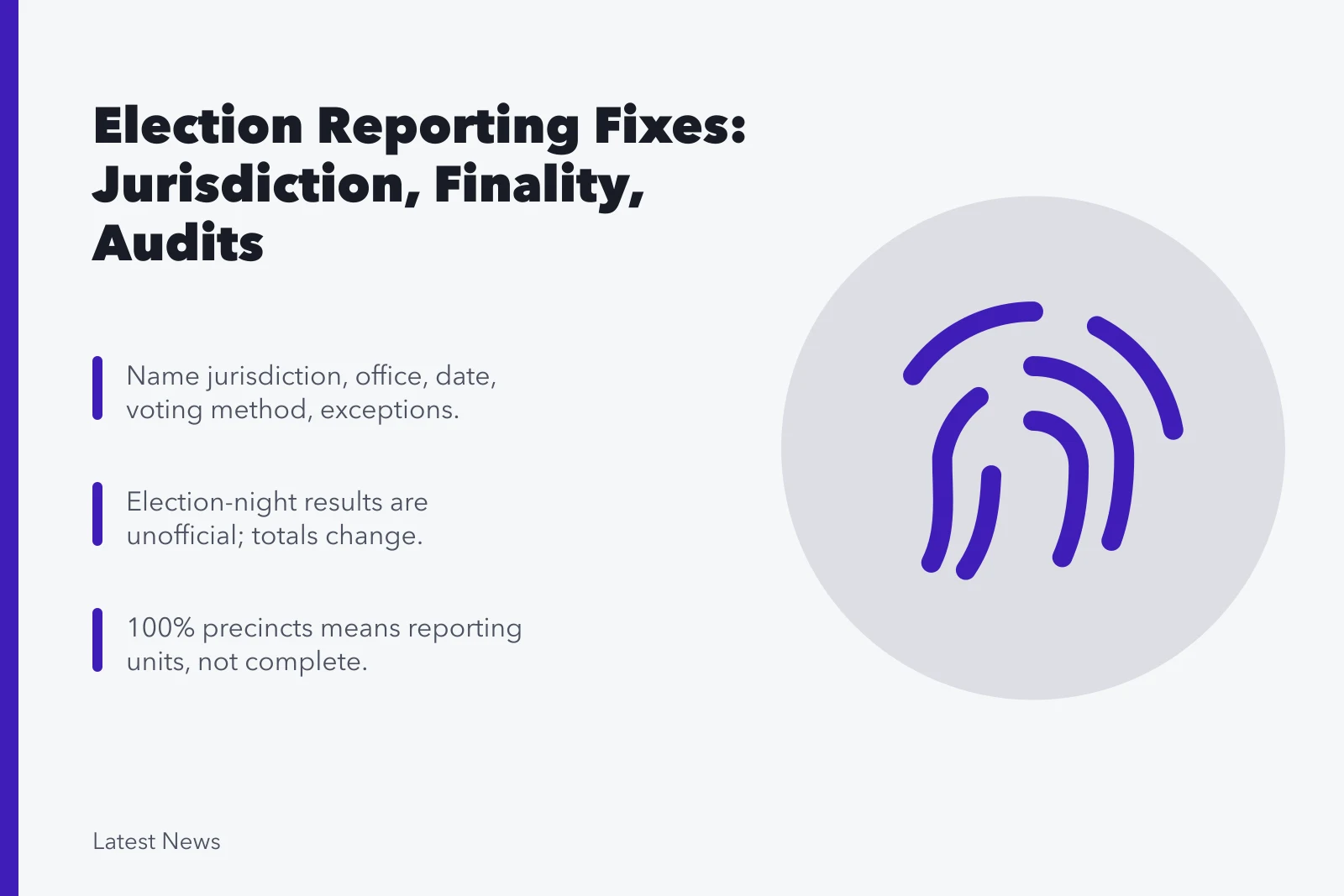 Election reporting fixes: jurisdiction, finality, audits, and verification. Election reporting problems: counts, audits and claims