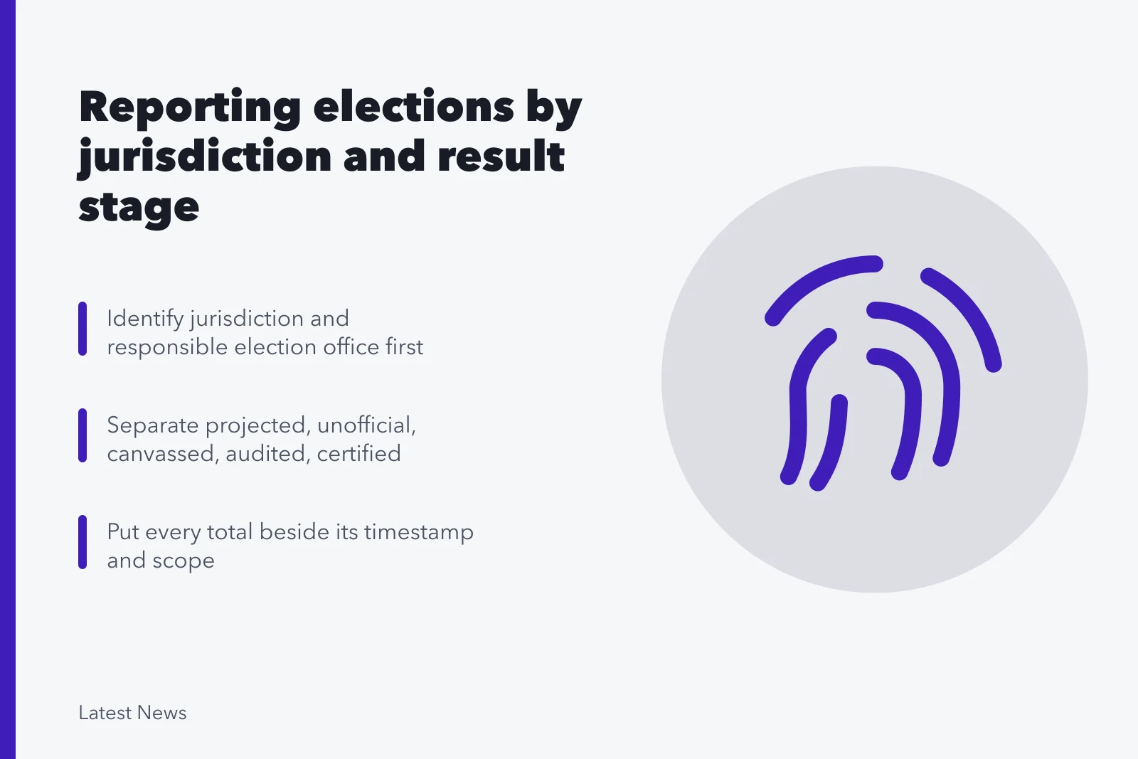 Election reporting guide card on jurisdiction rules and result stages. Elections and civic processes: a reporting guide