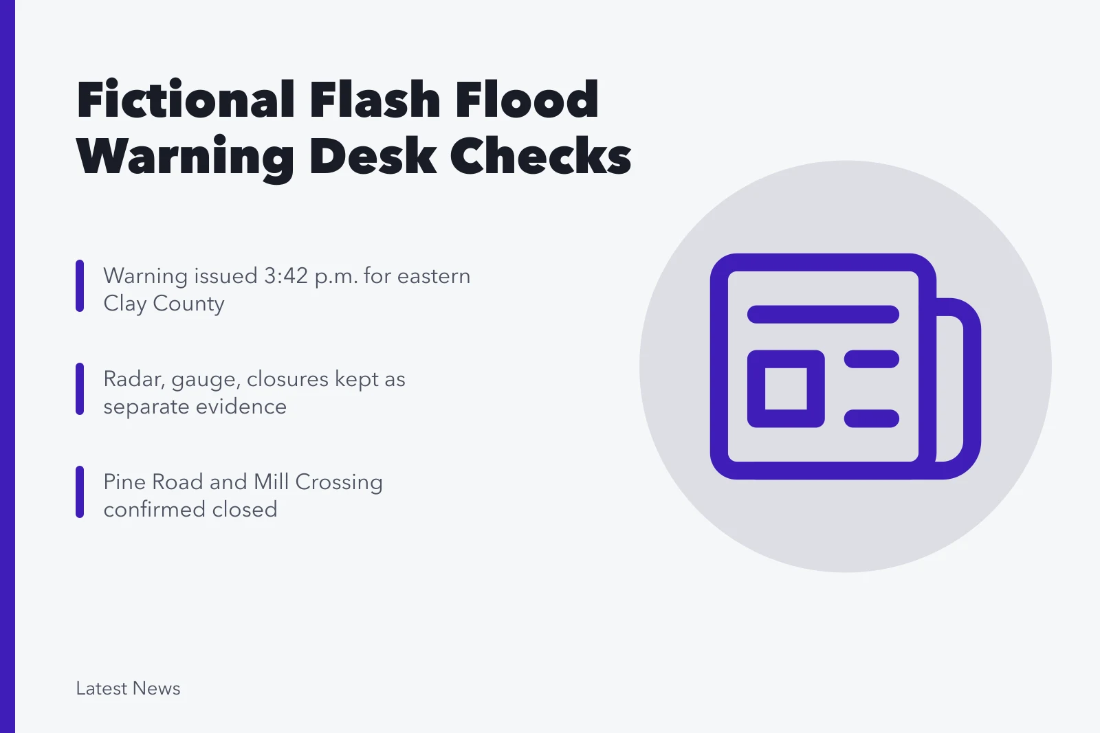 Flash flood warning timeline with radar, gauge and road closure checks. Case study: a fictional flash flood warning