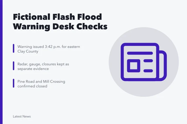 Flash flood warning timeline with radar, gauge and road closure checks. Case study: a fictional flash flood warning