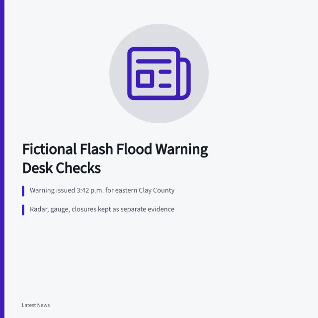 Flash flood warning timeline with radar, gauge and road closure checks. Case study: a fictional flash flood warning