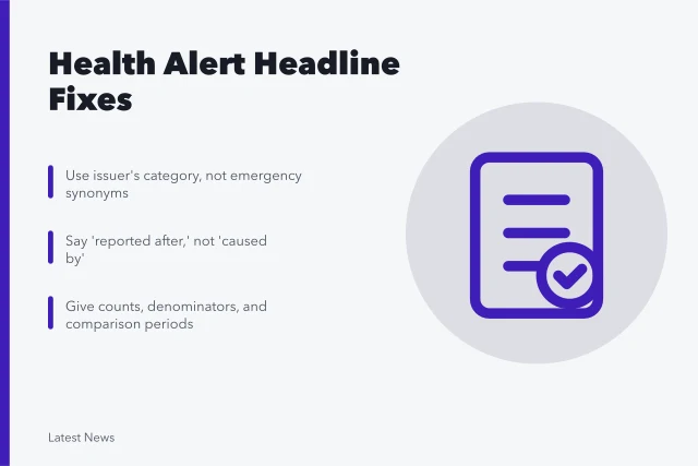Card listing fixes for health alert headlines and risk claims. Health news alert problems and practical fixes