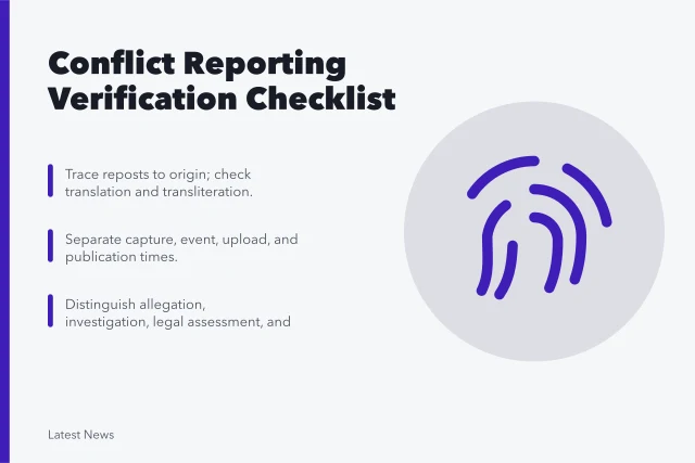 Checklist for verifying conflict reporting attribution, timing, and legal labels. International conflict reporting checklist
