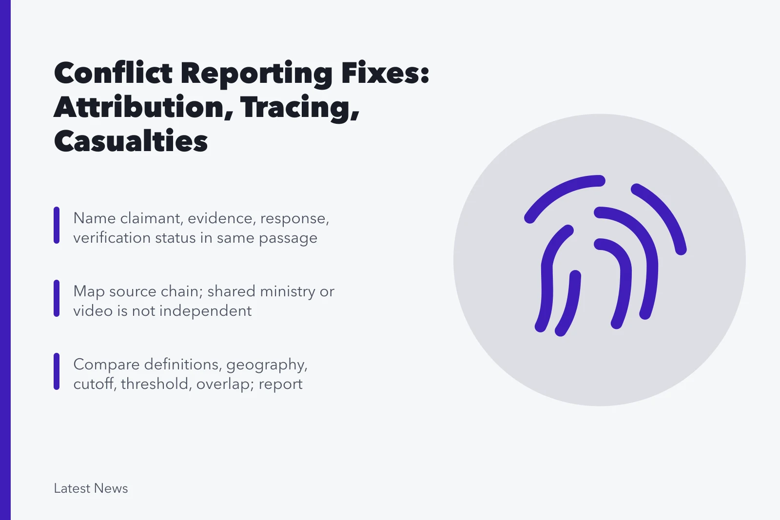 Card on conflict reporting fixes: attribution, source tracing, casualty methodology. International conflict reporting problems and fixes