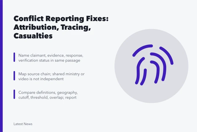 Card on conflict reporting fixes: attribution, source tracing, casualty methodology. International conflict reporting problems and fixes