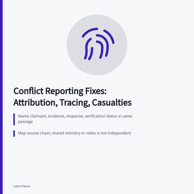 Card on conflict reporting fixes: attribution, source tracing, casualty methodology. International conflict reporting problems and fixes