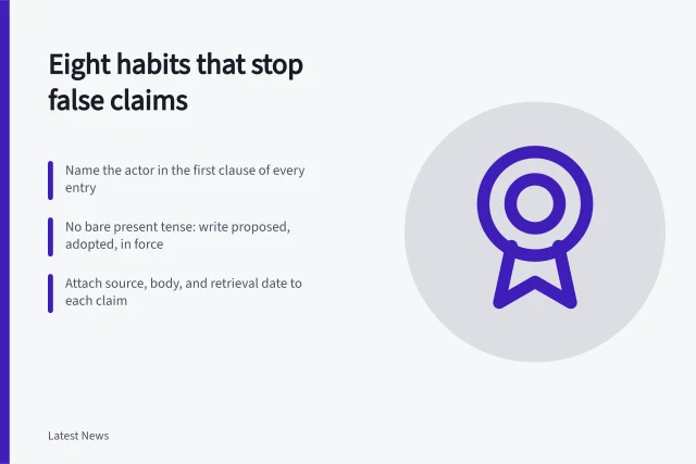 Card listing four rules for writing accurate policy news entries. Policy news writing rules: eight habits that keep an entry from becoming a false claim