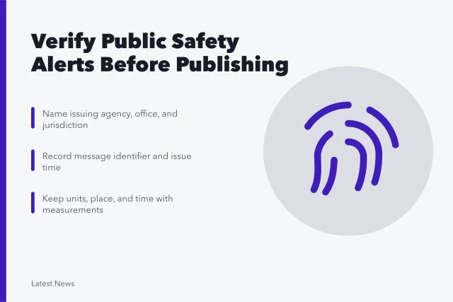 Checklist card for verifying public safety alerts before publishing. Public safety alert reporting checklist: what to confirm before publishing