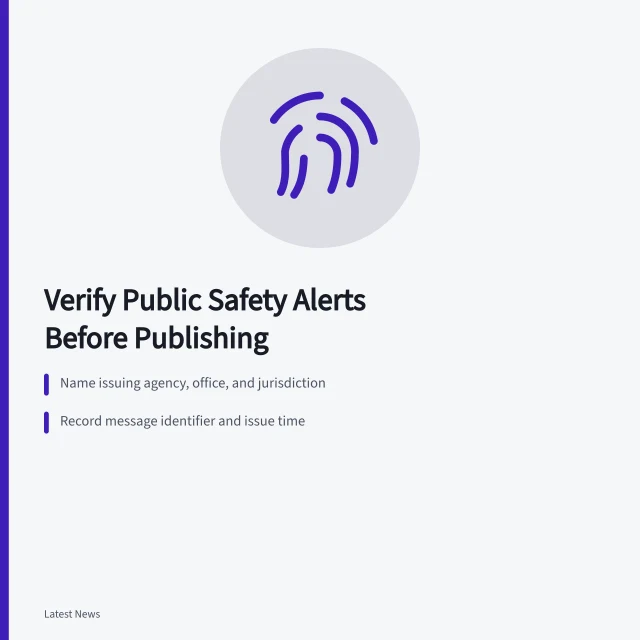 Checklist card for verifying public safety alerts before publishing. Public safety alert reporting checklist: what to confirm before publishing