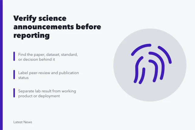 Card on verifying science and technology announcements before reporting. Science and technology announcements: a reporting guide
