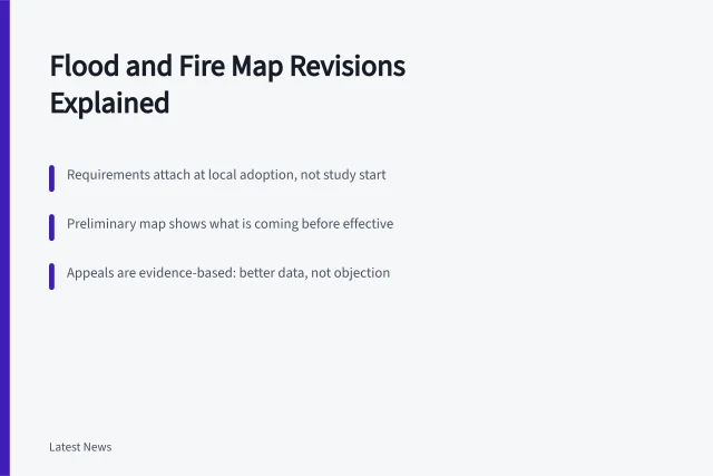 Card explaining flood and fire map revisions and their triggers. Vacation homes sales in 2027 hinge on the latest flood and fire maps