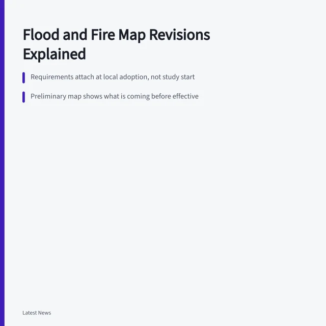 Card explaining flood and fire map revisions and their triggers. Vacation homes sales in 2027 hinge on the latest flood and fire maps