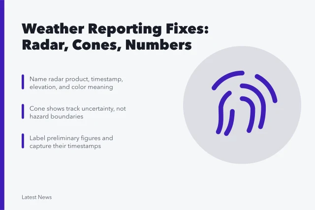 Card on weather reporting fixes for radar, cones, and preliminary numbers. Weather and disaster reporting problems and fixes