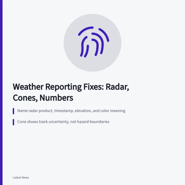 Card on weather reporting fixes for radar, cones, and preliminary numbers. Weather and disaster reporting problems and fixes