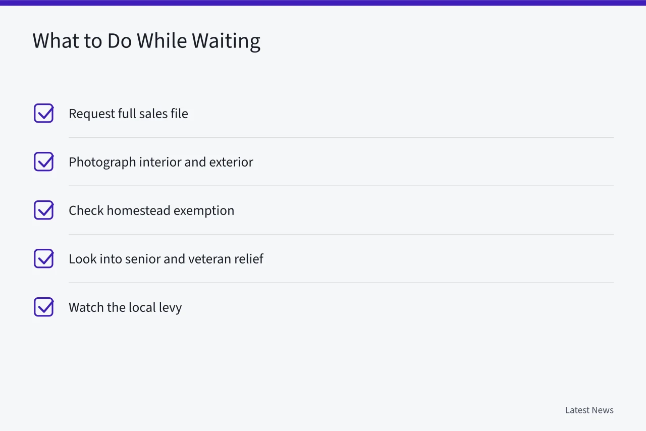 Checklist of five tasks to complete while awaiting a hearing (Property Tax Bill Higher? A US Guide to Assessment Appeals)