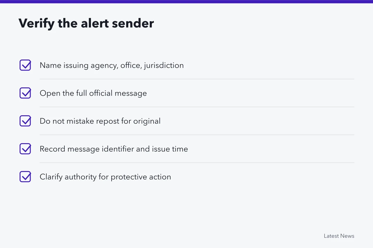 Checklist for confirming an alert's issuing agency and official message (Public safety alert reporting checklist: what to confirm before publishing)