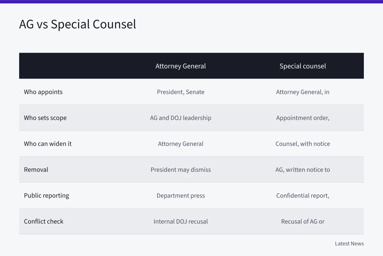 Comparison table of Attorney General and special counsel investigation routes (Special Counsel vs Attorney General: How US Federal Investigations Differ)